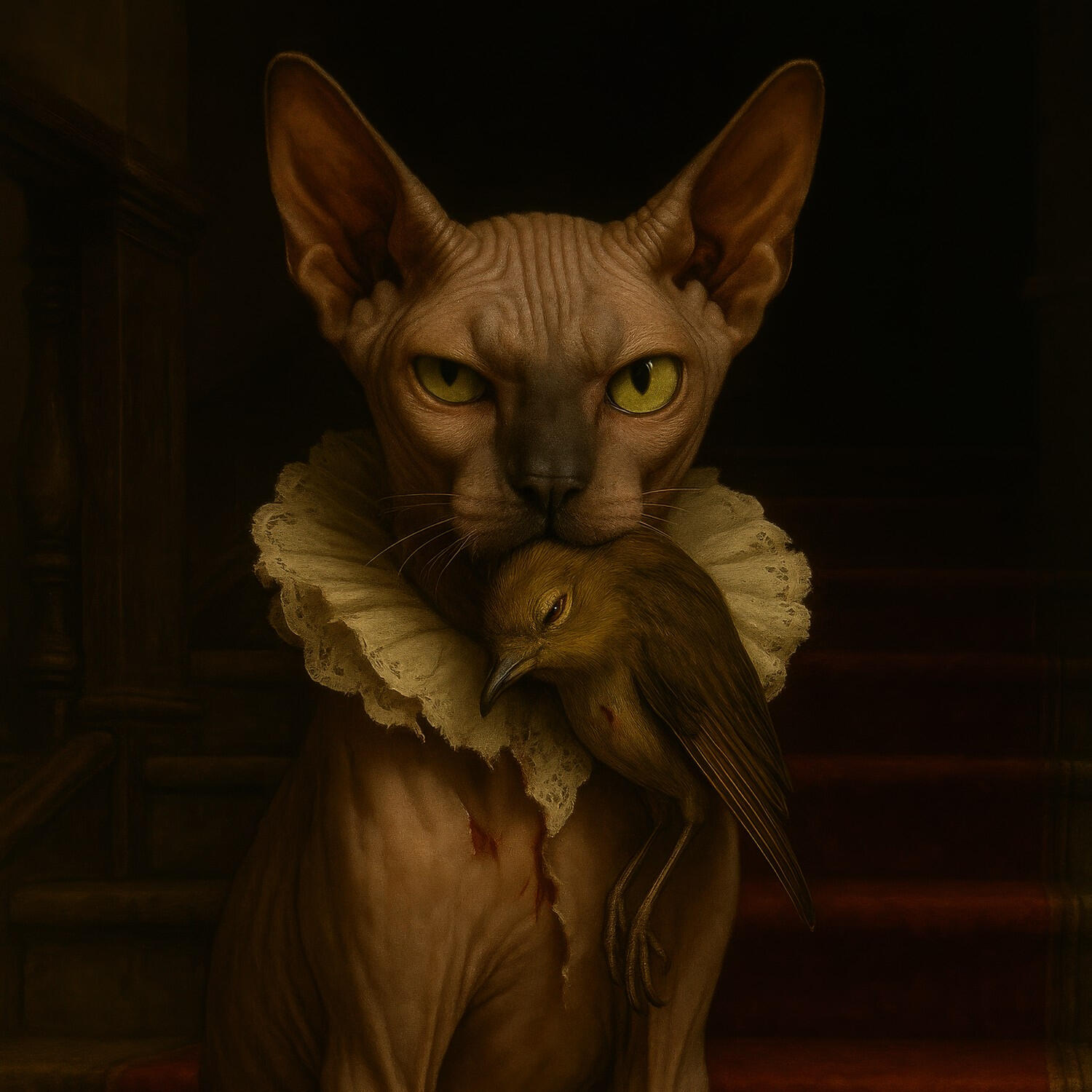 An unruly hairless cat in a lace ruff holds a lifeless bird in its jaws, seated on bloodstained stairs.