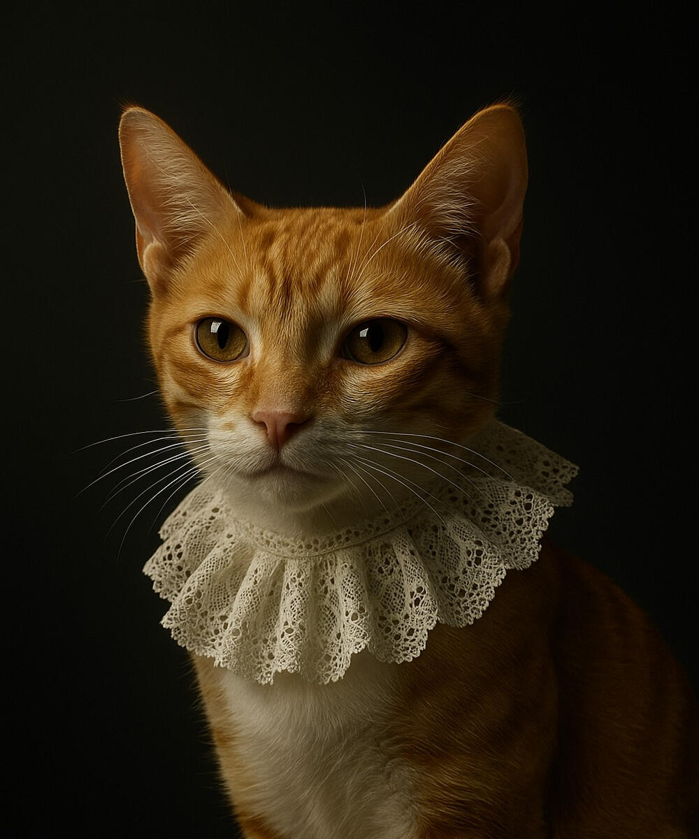 An orange tabby cat wearing a white lace ruff, sitting tall and dignified against a dark backdrop.
