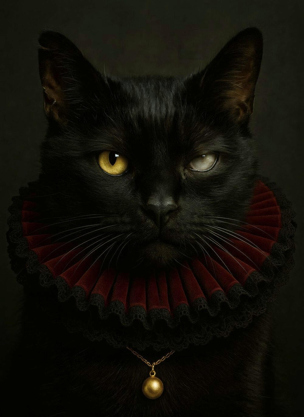 A regal black cat with a piercing golden eye stares intently, wearing a crimson and black pleated ruff. A single gold pendant hangs from its neck, enhancing the air of gothic elegance and quiet majesty against the dark background.