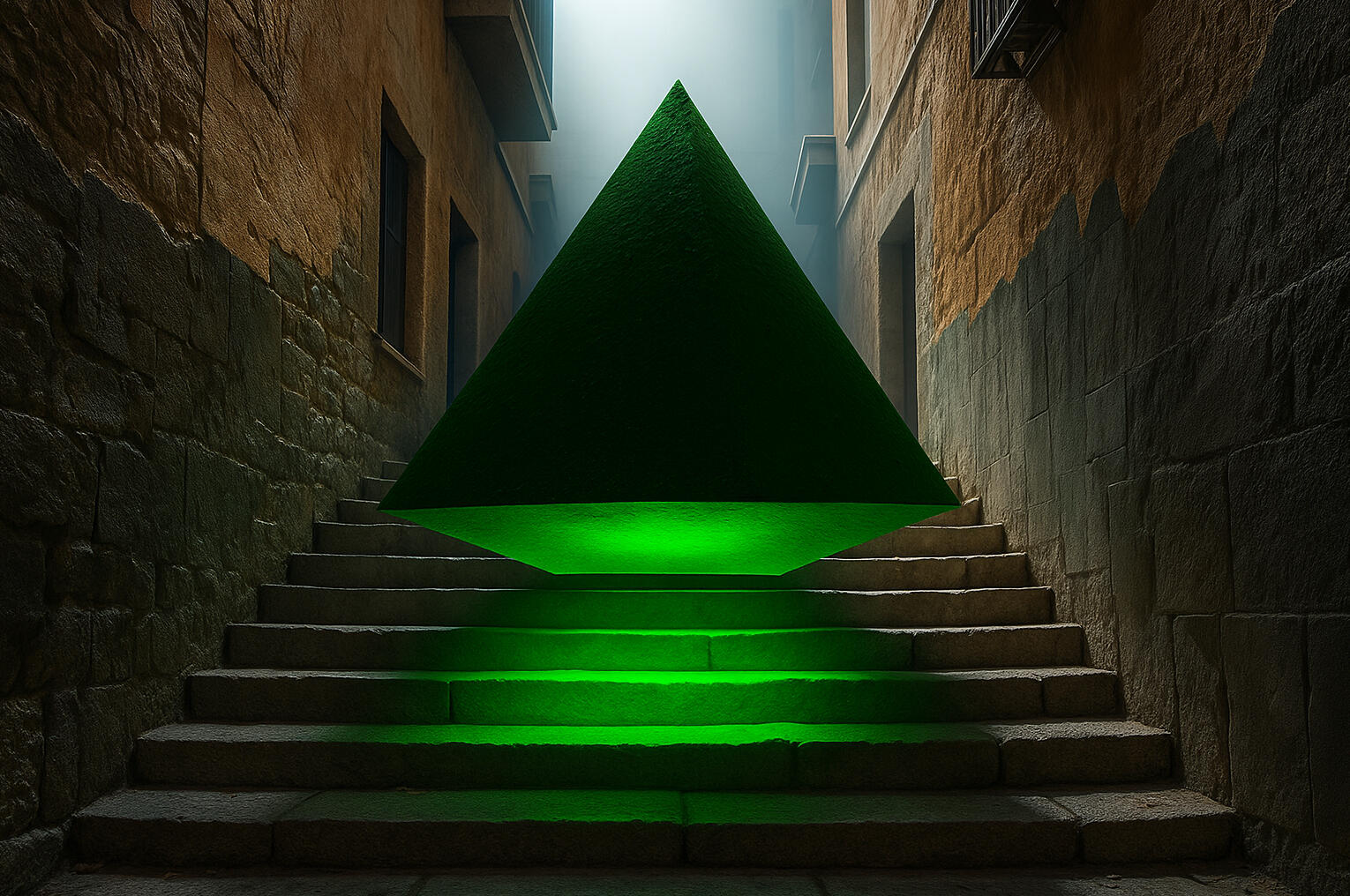 A large green pyramid floats above stone steps in a narrow alley, glowing from below with surreal green light.