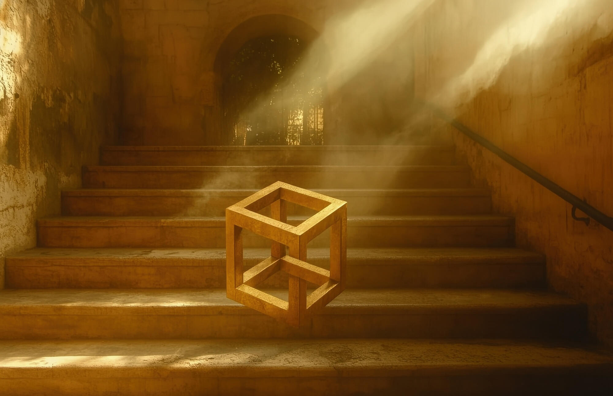 A golden Impossible Cube floats on sunlit stone stairs, casting shadows that defy logic.