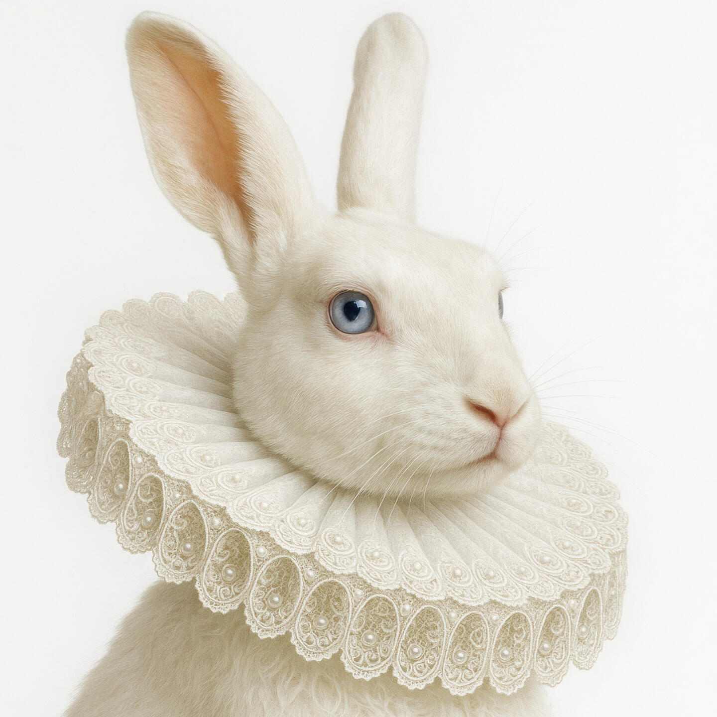 A white rabbit with icy blue eyes wears an ornate lace ruff, posing elegantly against a bright white background.