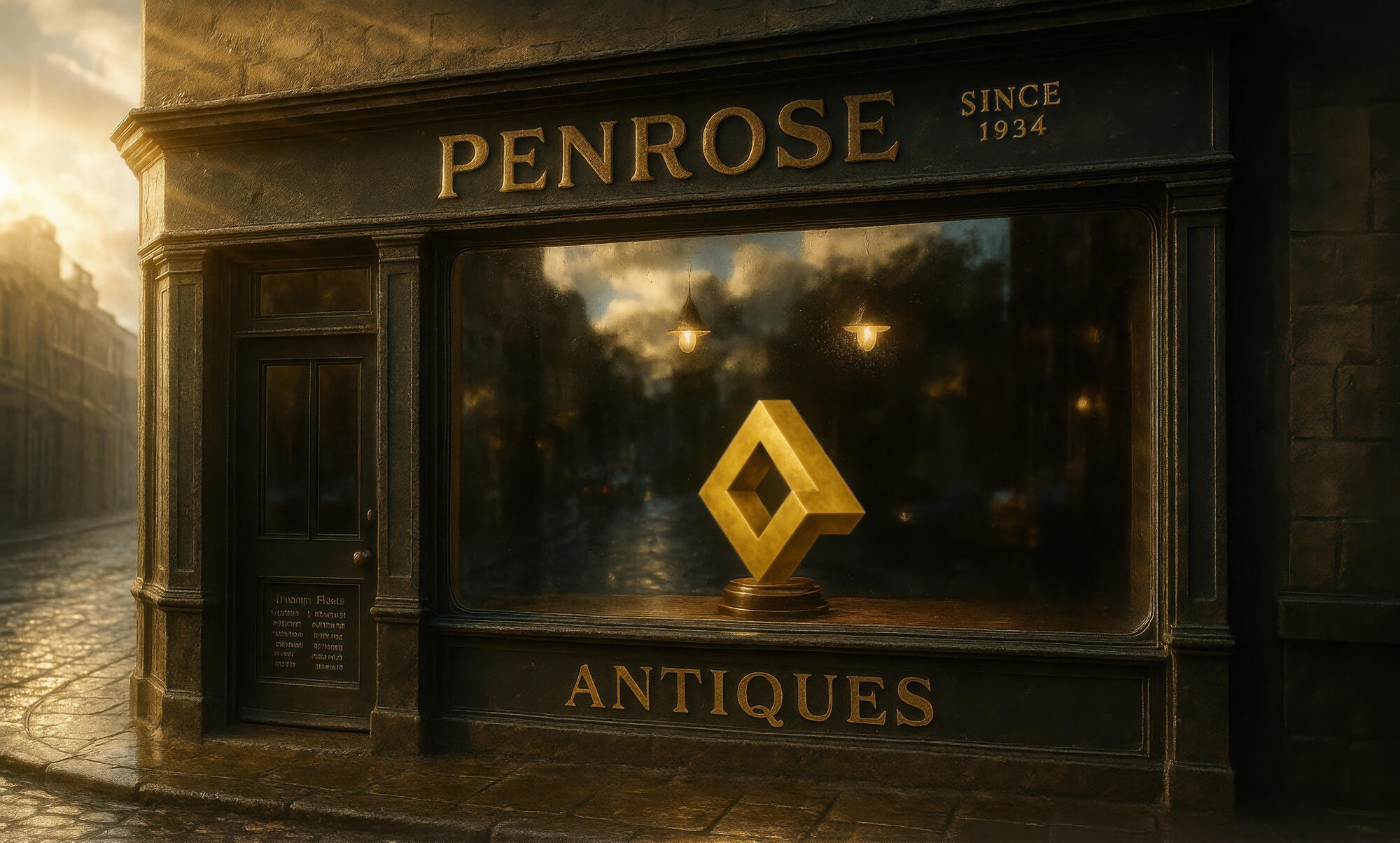 A golden Penrose shape sits in the window of a shop labeled "Penrose Antiques," glowing warmly on a rainy cobblestone street.
